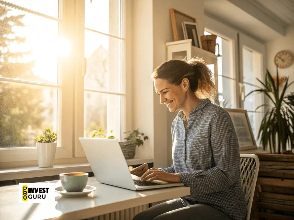 Woman working on laptop by window