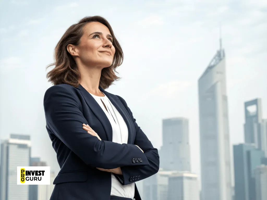 Confident woman in business attire outdoors.